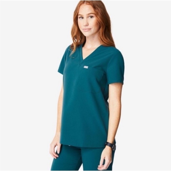 FIGS teal short sleeve v-neck scrub top - Picture 1 of 10